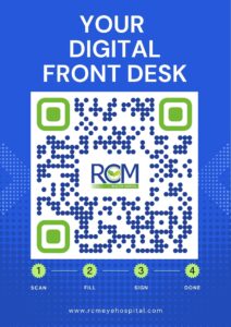 QR code displayed on a digital desk for mobile patient check-in and digital consent for eye examinations.